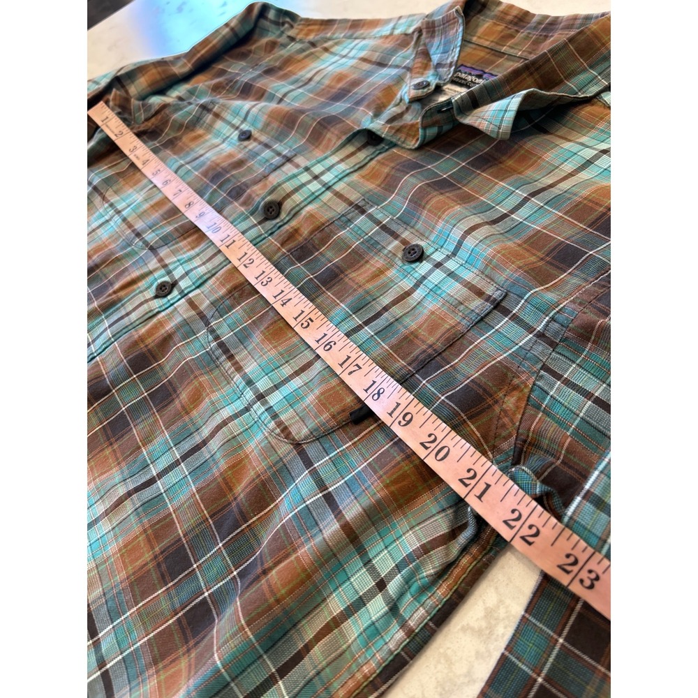Patagonia Men's Organic Cotton Plaid Flannel Shirt Brown Turquoise Gorpcore M - Picture 7 of 10